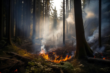 Forest fire with fire and smoke. Generative AI illustrationの素材