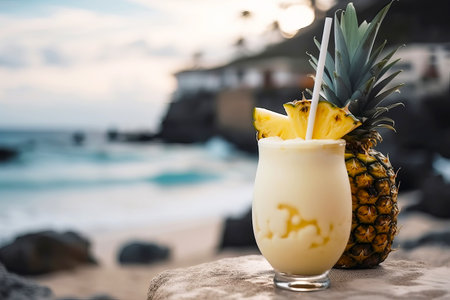 Pina Colada cocktail on beautiful tropical scenery background. Generative AI illustrationの素材