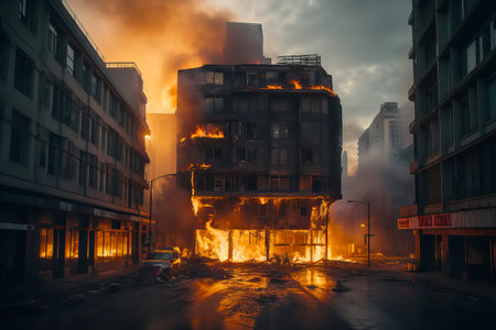 Big fire in city. Burning buildings with fire and smoke. Generative AI illustrationの素材