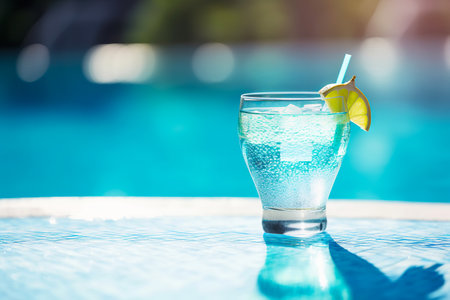 Tropical cocktail on poolside by pool. Generative AI illustrationの素材