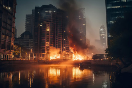 Big fire in city. Burning buildings with fire and smoke. Generative AI illustrationの素材