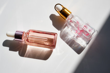Cosmetic product bottles with rose petals and hard shadow. Skincare beauty product concept