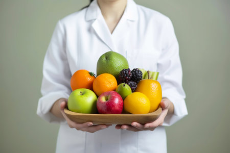 Slim faceless woman doctor nutritionist holding fruit platter. Generative AI illustrationの素材