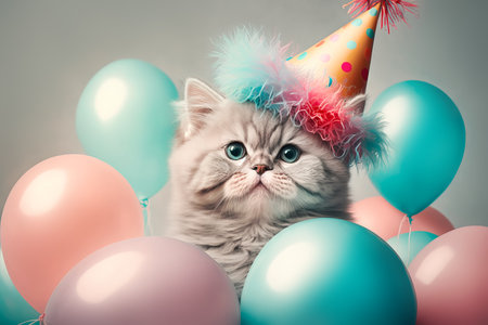 Cute fluffy cat celebrates birthday in cap on festive Balloons background. Generative AI illustrationの素材