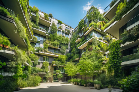 Building with vertical garden in modern city. Biophilic design. Generative AI illustrationの素材