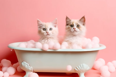 Portrait of cute cats in bath with bubbles on pink background. Generative AI illustrationの素材