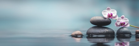Orchids and spa stones balance on calm water banner. Generative AI illustrationの素材