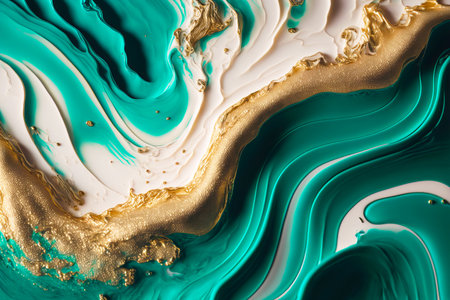 Fluid Art. Liquid jade green and white waves with molten gold metal. Generative AI illustrationの素材