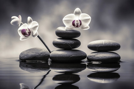 Black and white Orchids and spa stones balance on calm water. Generative AI illustrationの素材