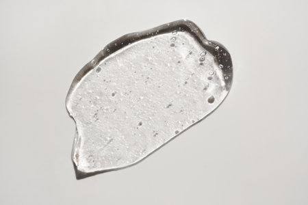 Liquid cosmetic gel drop on grey background. Smear of transparent moisturizing productの写真素材