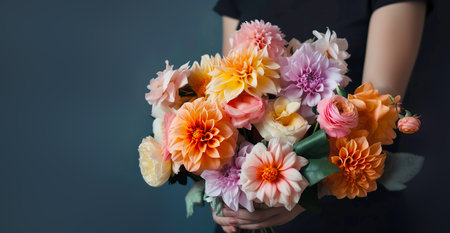 Female hand holds beautiful autumn bouquet. Flower delivery concept. Generative AI illustrationの素材