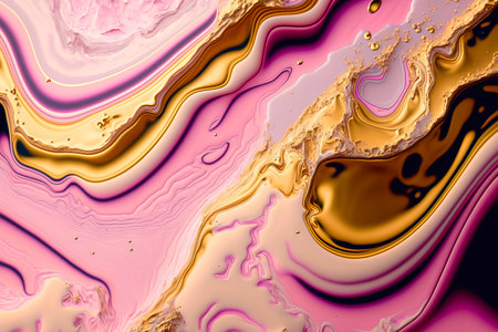 Fluid Art. Liquid pink cream and metallic gold waves and swirls. Generative AI illustrationの素材