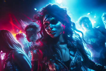 Young woman dancing in a nightclub in neon lightsの素材