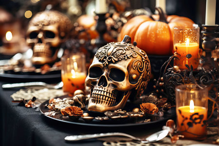 Festive table setting with pumpkins and skulls for halloween celebration. Generative AI illustrationの素材