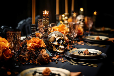Festive table setting with pumpkins and skulls for halloween celebration. Generative AI illustrationの素材