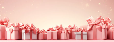 Festive banner with with many pink gift boxes. Christmas background. Generative AI illustrationの素材
