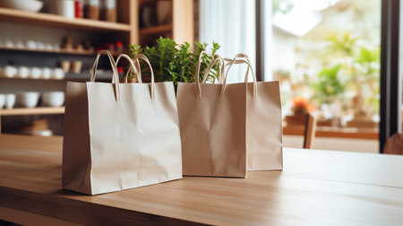 Paper shopping bags on wooden countertop in kitchen. Generative AI illustrationの素材