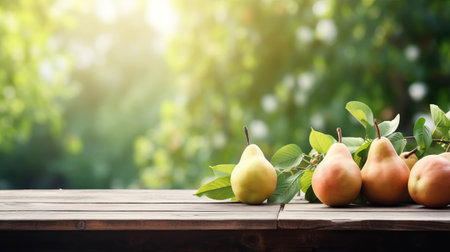 Ripe pear harvest And Empty wooden table with rural background. Selective focus on tabletop. Generative AI illustrationの素材