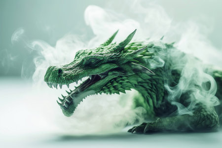 Fire-breathing green dragon in puffs of smoke. The symbol of the new year 2024. Generative AI illustrationの素材