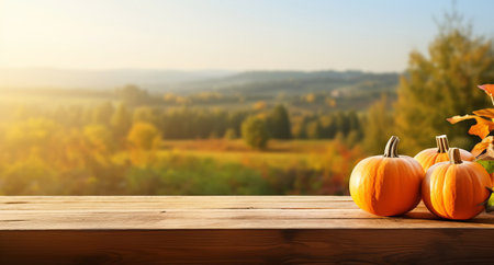 Ripe pumpkin harvest And Empty wooden table with rural background. Selective focus on tabletop. Generative AI illustrationの素材
