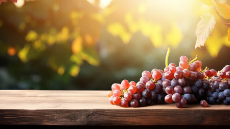 Ripe grapes harvest And Empty wooden table with rural background. Selective focus on tabletop. Generative AI illustrationの素材