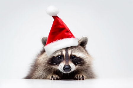 Cute raccoon in santa hat on white background. Merry Christmas concept. Generative AIの素材