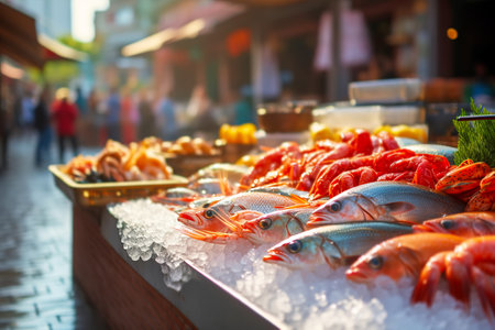 Local market with fresh farm products. Sea fish and seafood close-up on street counterの素材