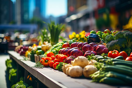 Local market with fresh farm products. Vegetables and herbs close-up on street counterの素材