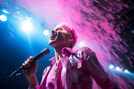 Asian Korean male singer sings on stage in pink smoke show. Generative AI illustrationの素材