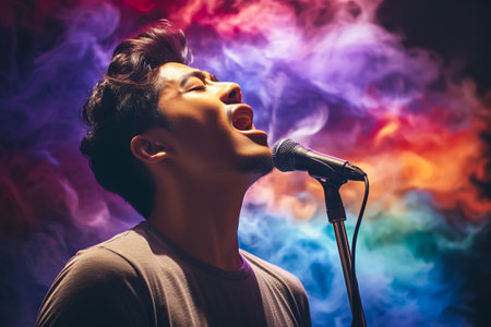 Asian male singer sings on stage in rainbow smoke show. Generative AI illustrationの素材