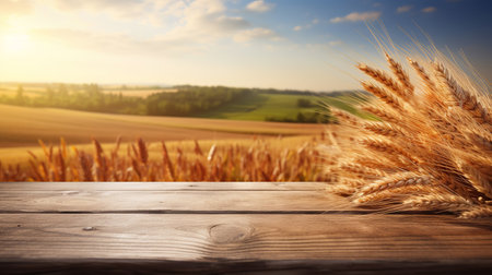 Ripe wheat harvest And Empty wooden table with rural background. Selective focus on tabletop. Generative AI illustrationの素材