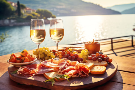 Italian appetizer prosciutto antipasti and and wine on a wooden terrace overlooking mountain lake. Generative AI illustrationの素材