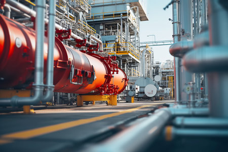Pipeline and pipe rack of petroleum, chemical, hydrogen or ammonia industrial plant. Industrial zone Close up. Generative AI illustrationの素材