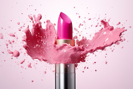 Lipstick and smeared lipstick stains on pink background. Generative AI illustrationの素材