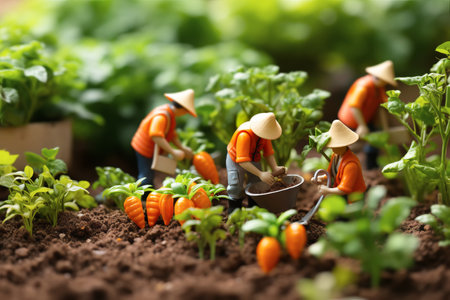 Tiny workers farmers harvest carrots.の素材