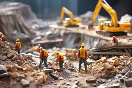 Tiny workers in protective helmets and vests doing earthworks with an excavator.の素材