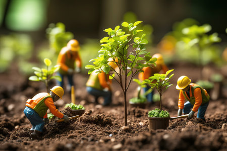 Tiny workers in protective helmets plant young trees.の素材