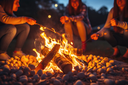 Group of friends sit by night fire, have fun and fry marshmallowsの素材