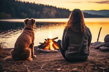 Back view of young woman and dog sitting by campfire on lake shore.の素材