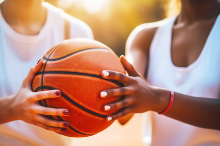 Two multiracial athletic girlfriends playing basketball close-up.の素材