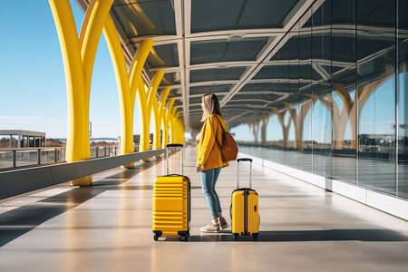 Attractive female traveler walking with a yellow suitcase at the modern transport stop outdoors.の素材