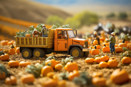 Tiny workers farmers harvest pumpkins in the field.の素材