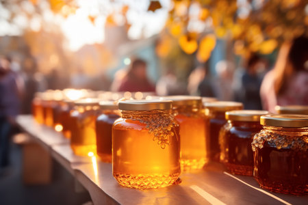 Local market with fresh farm products. Different honey close-up on street counterの素材