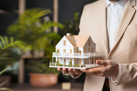 Businessman holding model house Close up. Loan, investment or Home insurance conceptの素材