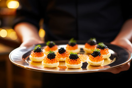 Waiter with appetizers with red and black caviar on plate close-up. Celebration event, party or wedding receptionの素材