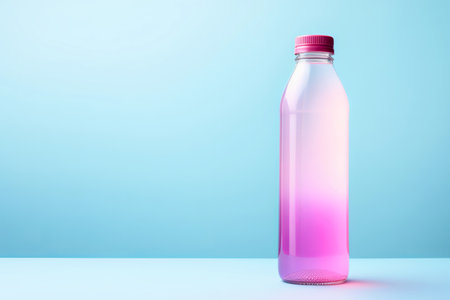 Bottle with pink transparent liquid on a blue background. Isotonic energy sport drinkの素材