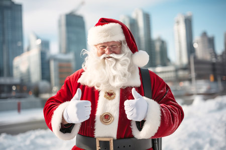 Santa Claus shows two thumb up on snow winter street with skyscrapersの素材
