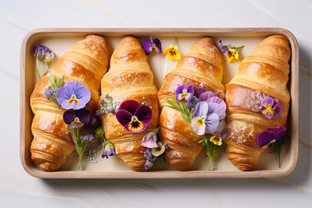 Freshly baked croissants decorated with edible pansy flowersの素材