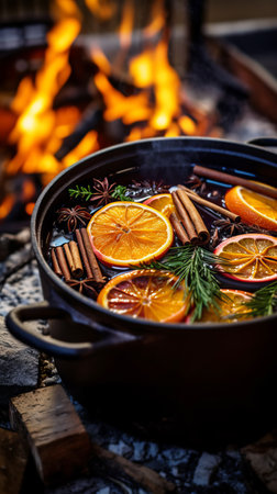 Traditional mulled wine cooking in pot with orange slices and spices close-up, vertical formatの素材