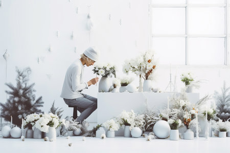 Attractive man florist creating natural Christmas winter decor in flower shop. Small businessの素材